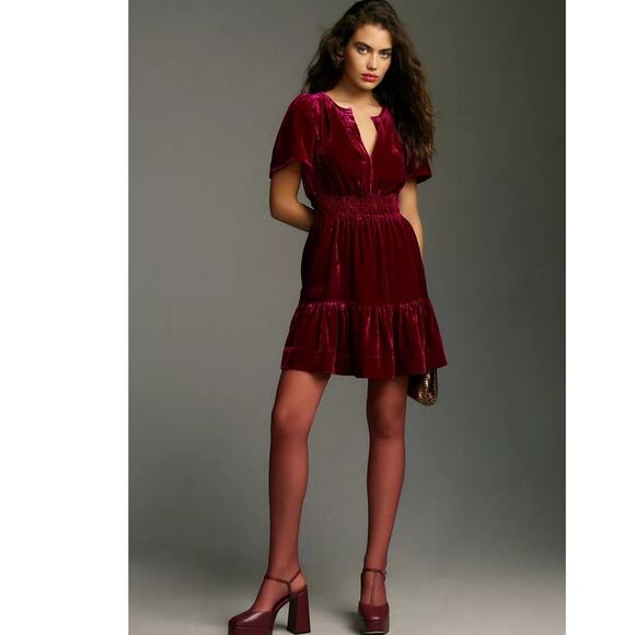 New Anthropologie The Somerset Mini Dress: Velvet Edition $168 XXS - 00 Wine - Picture 2 of 9